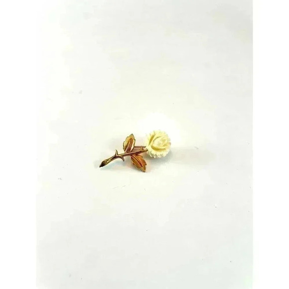 VTG Beige Flower Gold Tone Metal Brooch Pin Plastic Rose - Picture 10 of 10